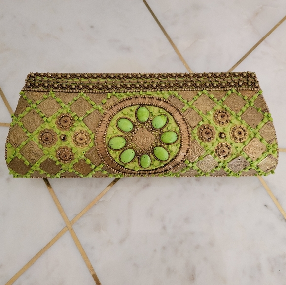 Gold Beaded Clutch with Gold Embroidery by David Jeffery